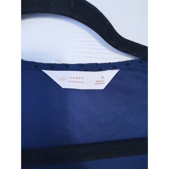 LC Lauren Conrad Long Wrap Flocked Maxi Dress S Polka Dot Blue Academia Twee - Picture 4 of 9